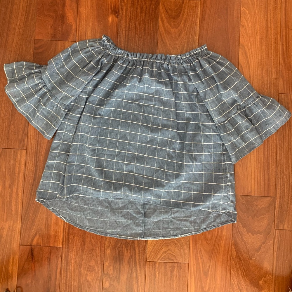 Blue and White Plaid Off-the-Shoulder Top